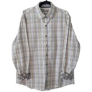 Tasso Elba Cream Blue Plaid Textured Paisley Cuff Long Sleeve Button Down XL